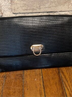 Structured Black Textured Clutch with Gold Ring Accent